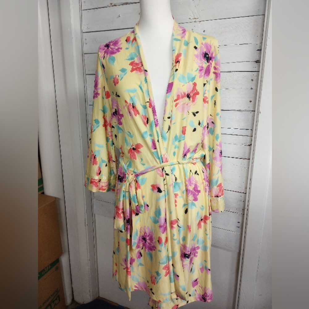 Linea Donatella Floral Robe L/XL Belted Wrap Lounge Sleepwear Kimono Style